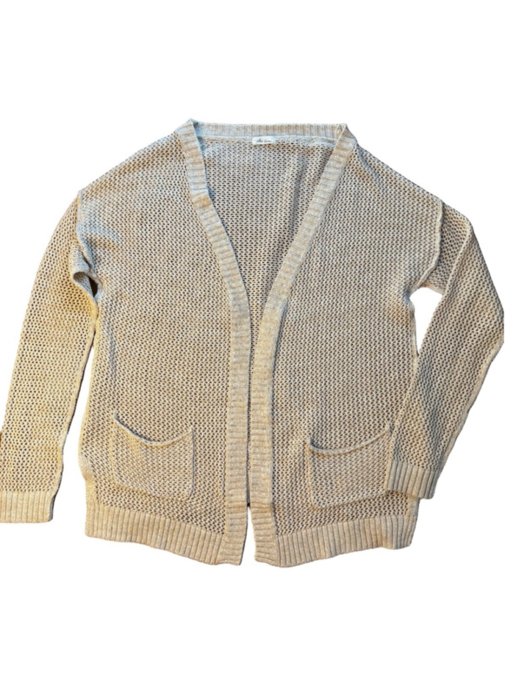 Ava Couture 100% Cotton Open Knit Cardigan Cream Beige Long Sleeve Pockets